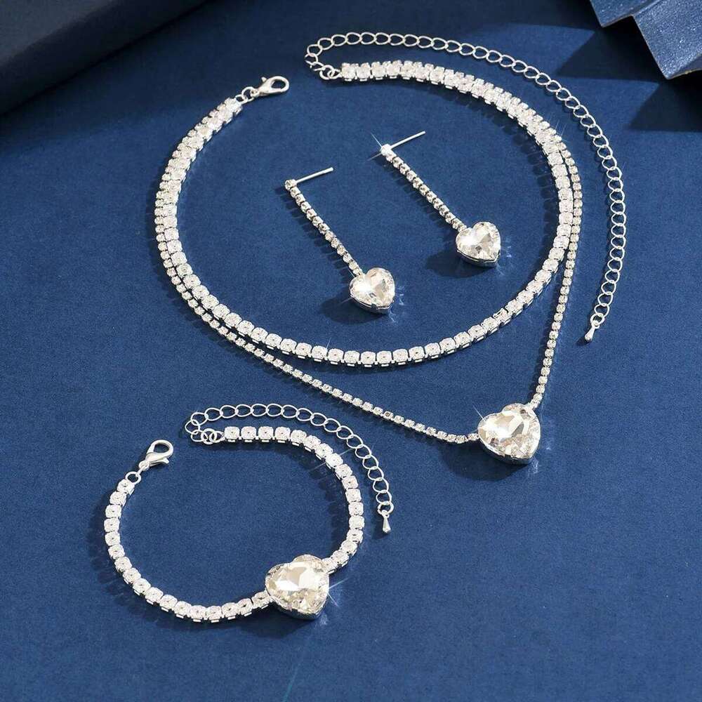 Double Layer Heart Crystal Jewelry Set Necklace+Earrings+Bracelet Shiny for Women Party Wedding Accessories Z260313