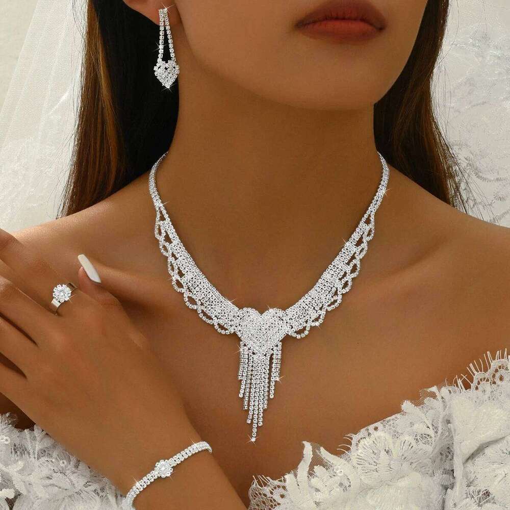 Women's fashionable rhinestone tassel necklace earrings bracelet ring jewelry set wedding party holiday gift Z260313
