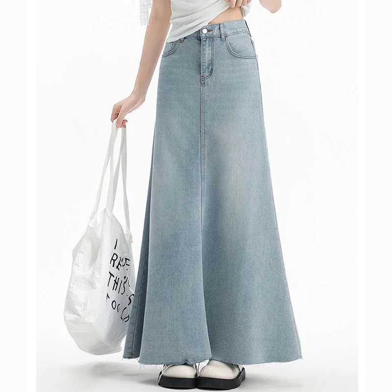 Summer Female Retro Casual High Waist Jeans Skirts New Fashion Women Mid-Long Denim Skirts s Chic Korean Denim Dress M260314