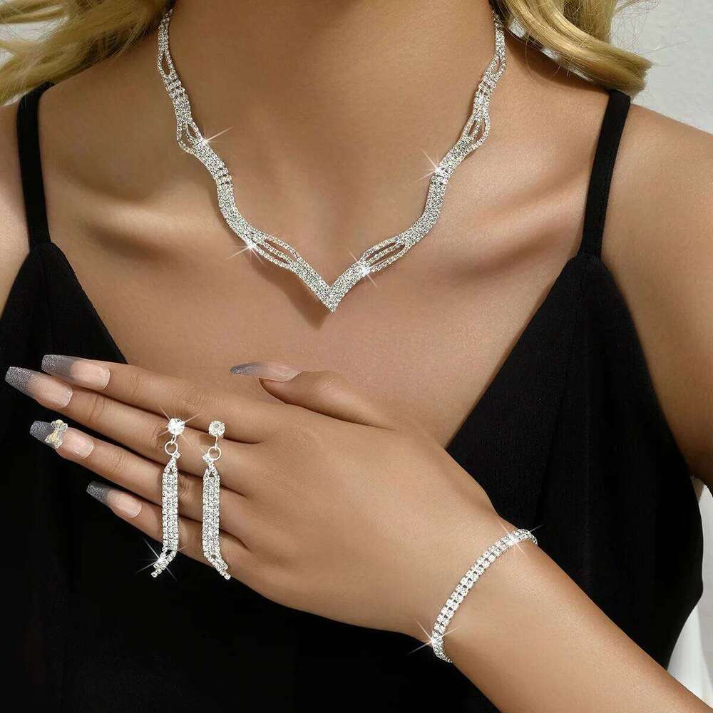 3/4PC Women's Fashion Jewelry with Water Diamond Geometric Necklace Earrings Bridal Wedding Accessories Z260313