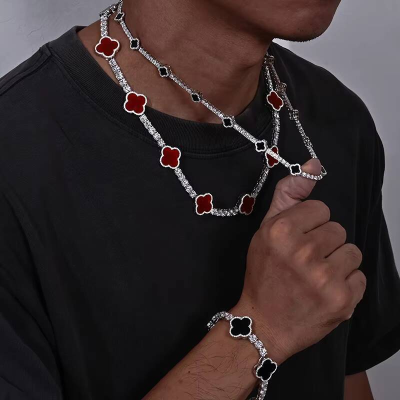 925 Sterling Silver Clover Moissanite Tennis Chain Bracelet and Necklace 5mm Pass Diamond Test Fashionable for Men and Women