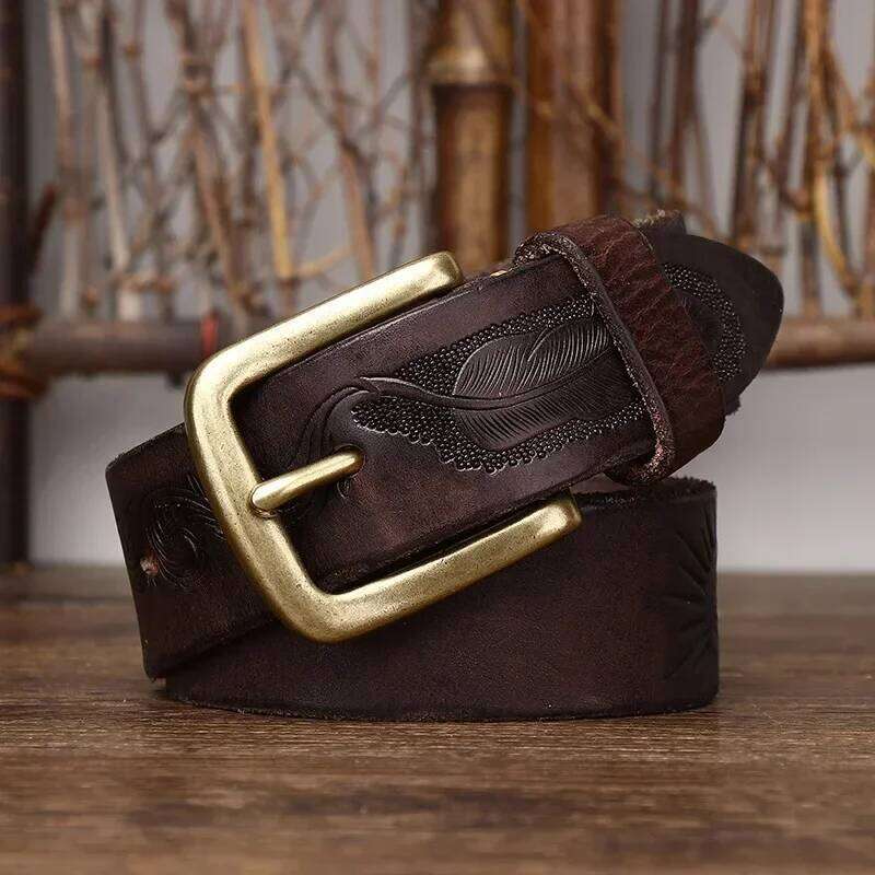 3.8 Cm Pure Cowhide Genuine Leather for Men High Quality Brass Buckle Belts Cowboy Waistband Male Carved Western Jeans Strap Z260226
