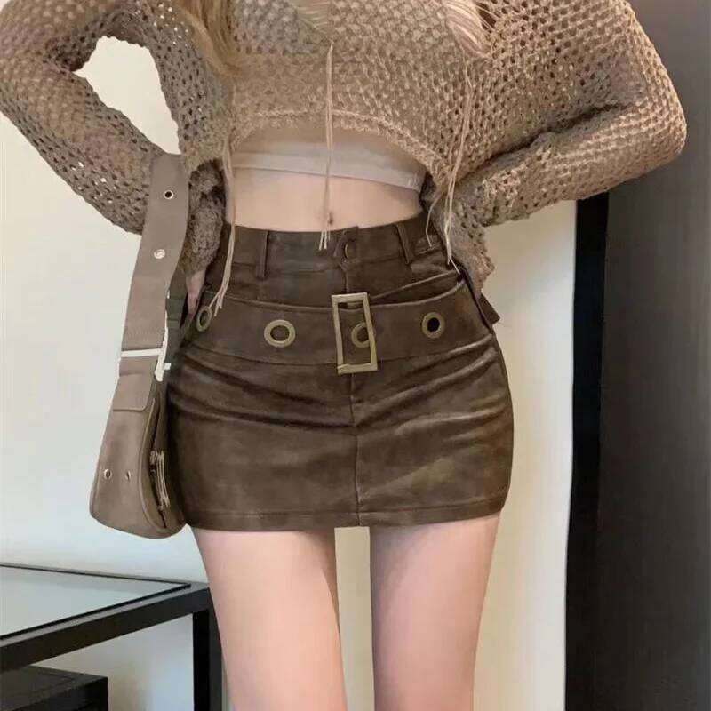 Vintage PU Skirts Sexy High Waist A-line Mini With belt Women Bodycon Party Skirt Spring Summer Streetwear Z260314