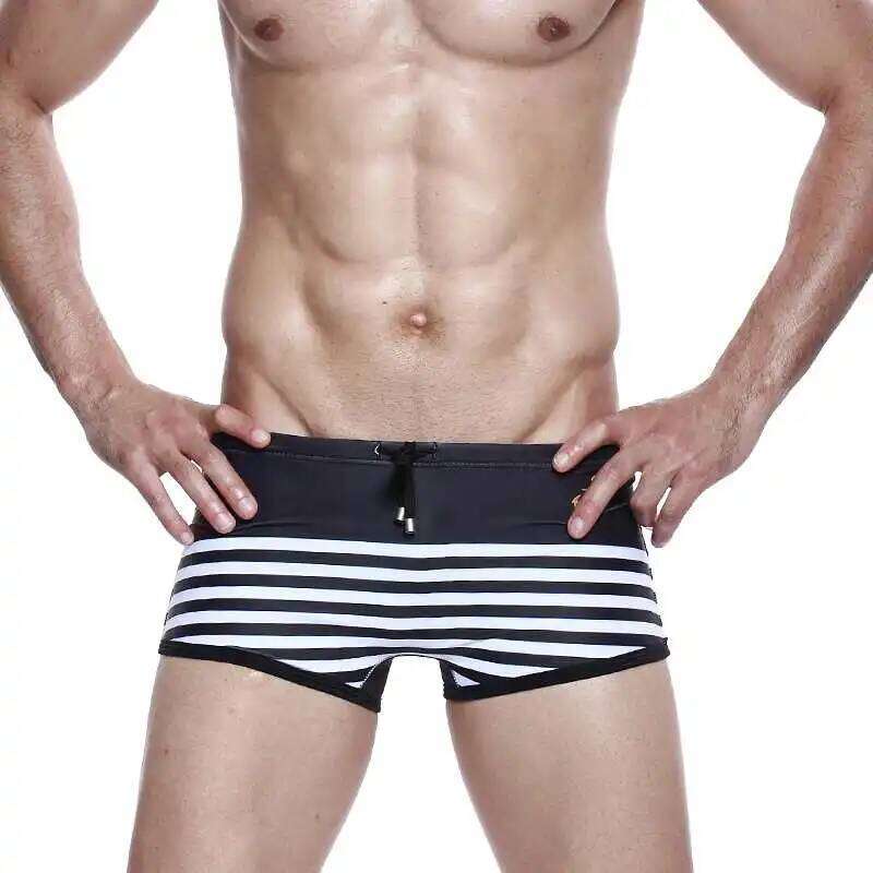 Sexy Men Low Waist Swimwear Summer Striped Swimsuits Nylon Quick Dry Beach Swimming Trunks Fashion Male Sport Surf Board Shorts Z260314