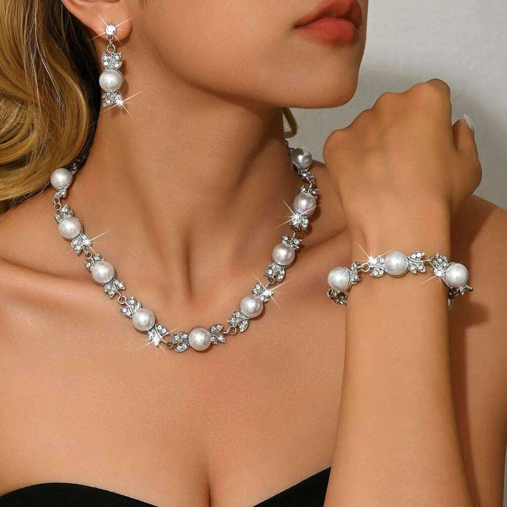 Faux Pearl & Crystal Jewelry Set Necklace+Bracelet+Earrings Silver-Tone for Women Party Wedding Accessories Product Descriptio Z260313