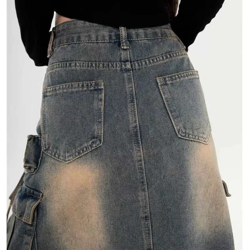 2025 Women Y2k High Waist Denim Ankle Length Cargo Skirts s Robe Cool Wrap Dress Female Retro Blue A Line Long Jeans Skirts M260314