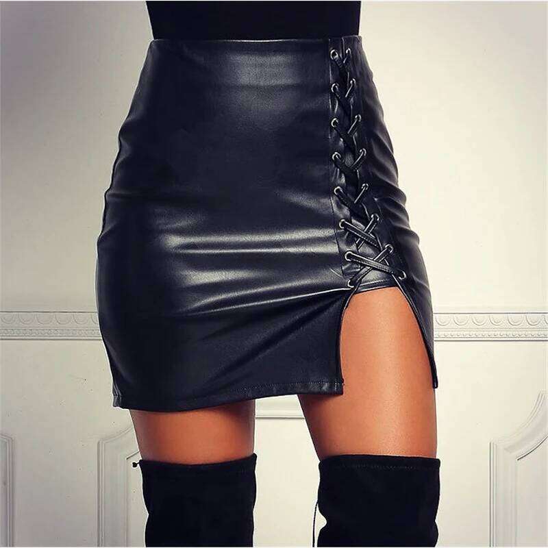 Spring Summer Women Side Split Pencil Black Lace Up PU Leather Skirts Vintage Bodycon High Waist Mini Skirt Z260314