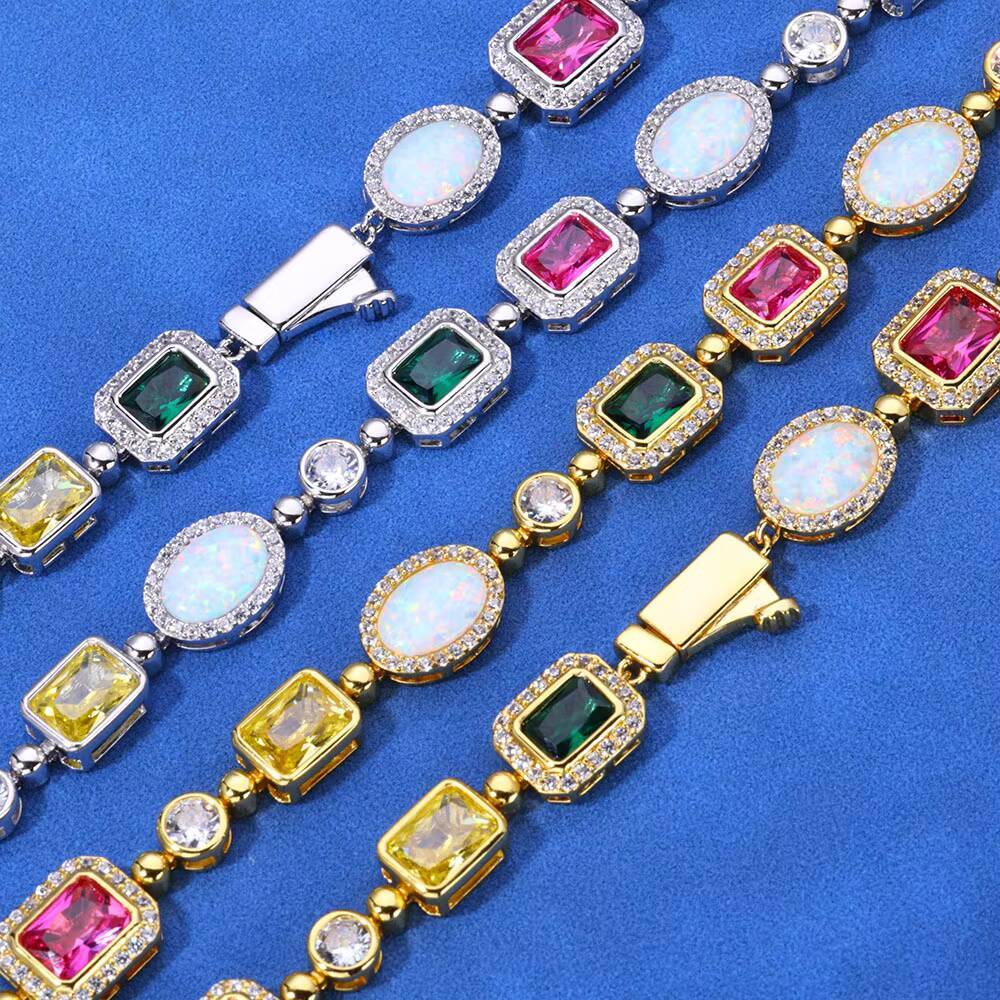 NUOYA Luxury Geometric Opal Bracelet 925 Silver VVS Moissanite Chain Multi-Color Zircon Fine Jewelry