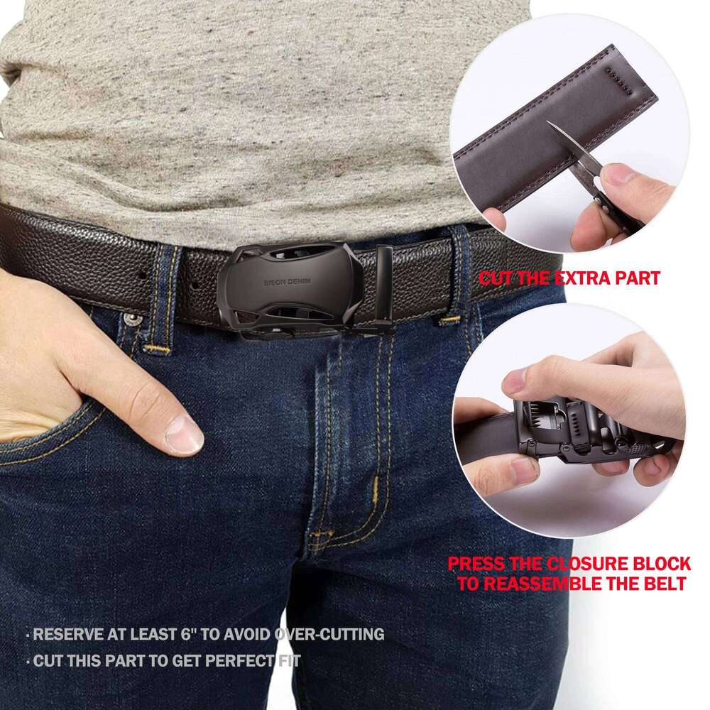 BISON DENIM Men's Automatic Buckle Belt Genuine Leather Male Belts Luxury Brand Business Casual Strap for Jeans 3.4 Width Z260226