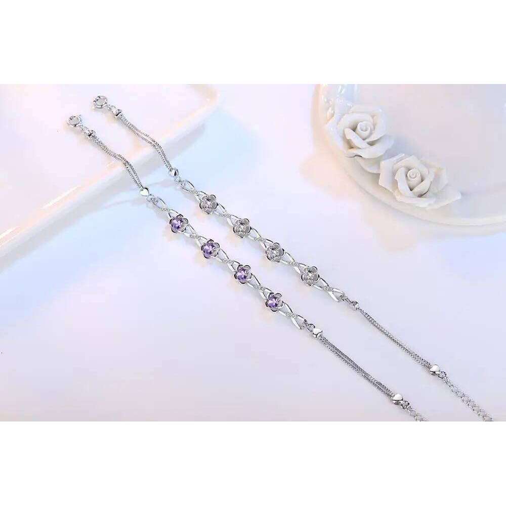Luxury 925 Sterling Silver Purple White Zirconia Plum Flower Bracelets & Bangles For Women pulseira de Prata S-B51 Z260313