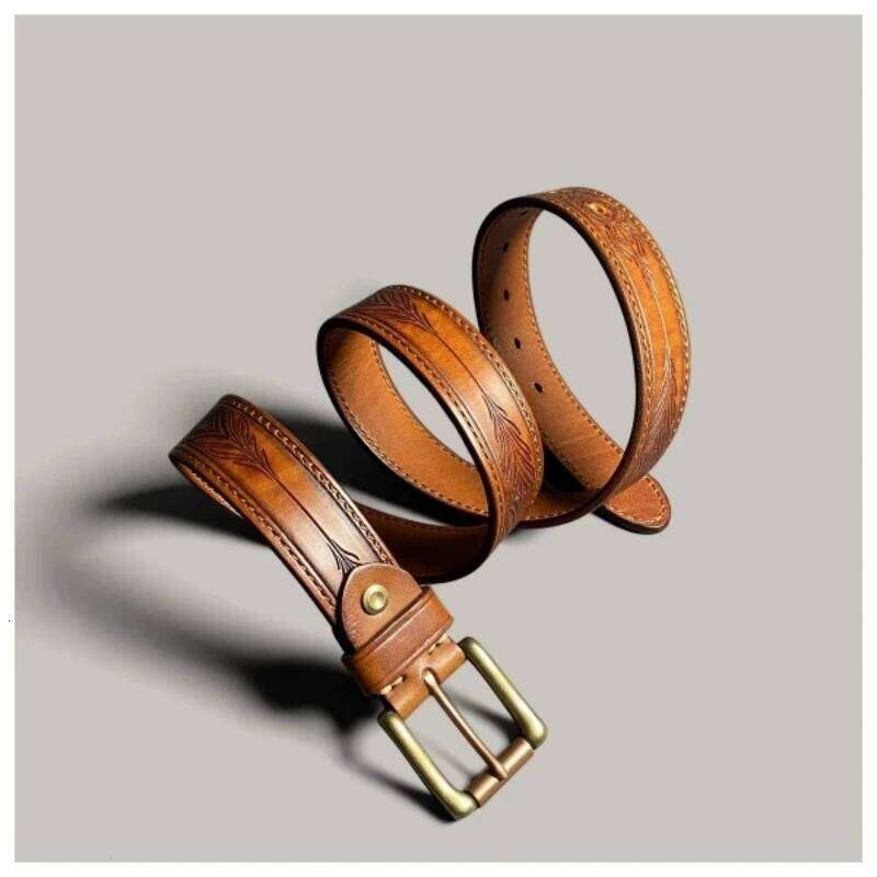 Vintage Luxury Brand Handmade Carved Leather Copper Buckle Man's Cowhide Retro Casual Jeans Army Belt Z260226