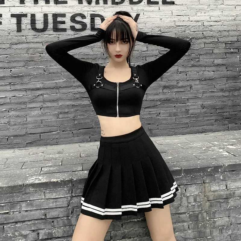 Fashion Korean Style Patchwork Skirt Harajuku Black Pleated Skirts Gothic Streetwear High Waist Mini Skirt Women Punk Skirt M260314