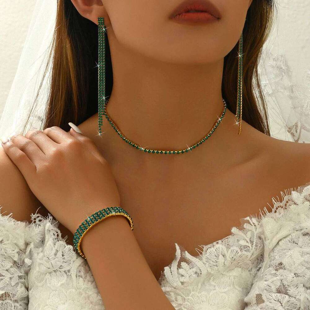 European and American Fashion Simple Amazon Explosive Diamond Inlaid Bracelet Earrings Neckland Set Z260313