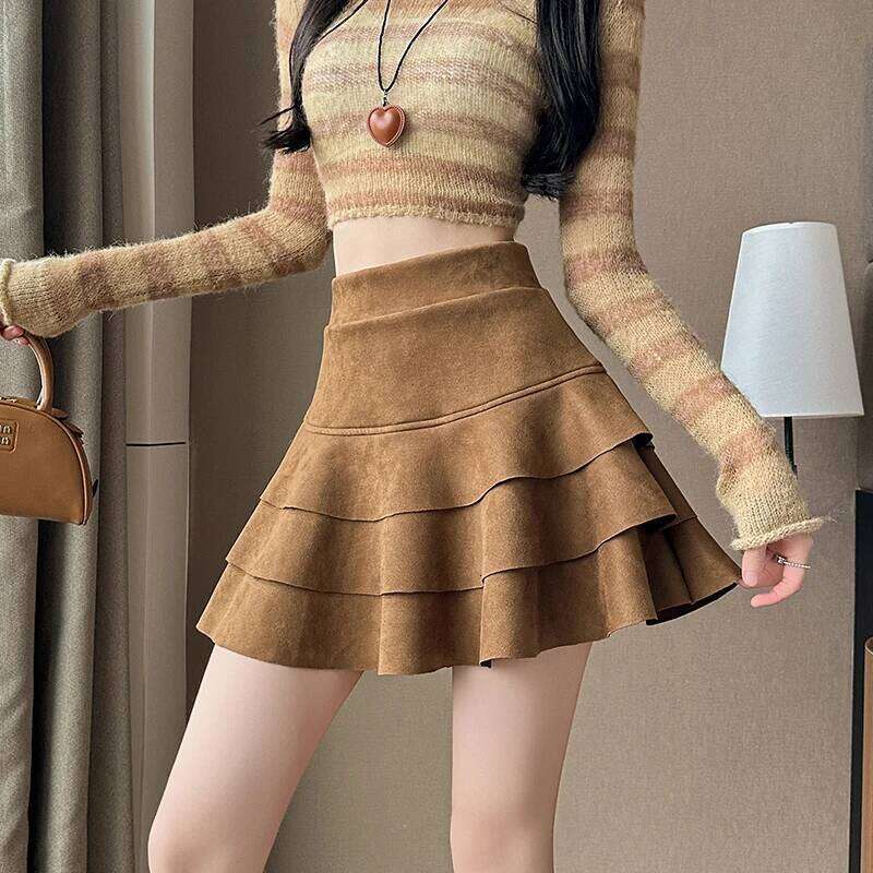 Seoulish Autumn Winter Vintage Velvet Women's Ruffles Short Cake High Waist Umbrella Sexy Mini Skirts Female 2025 New Z260314