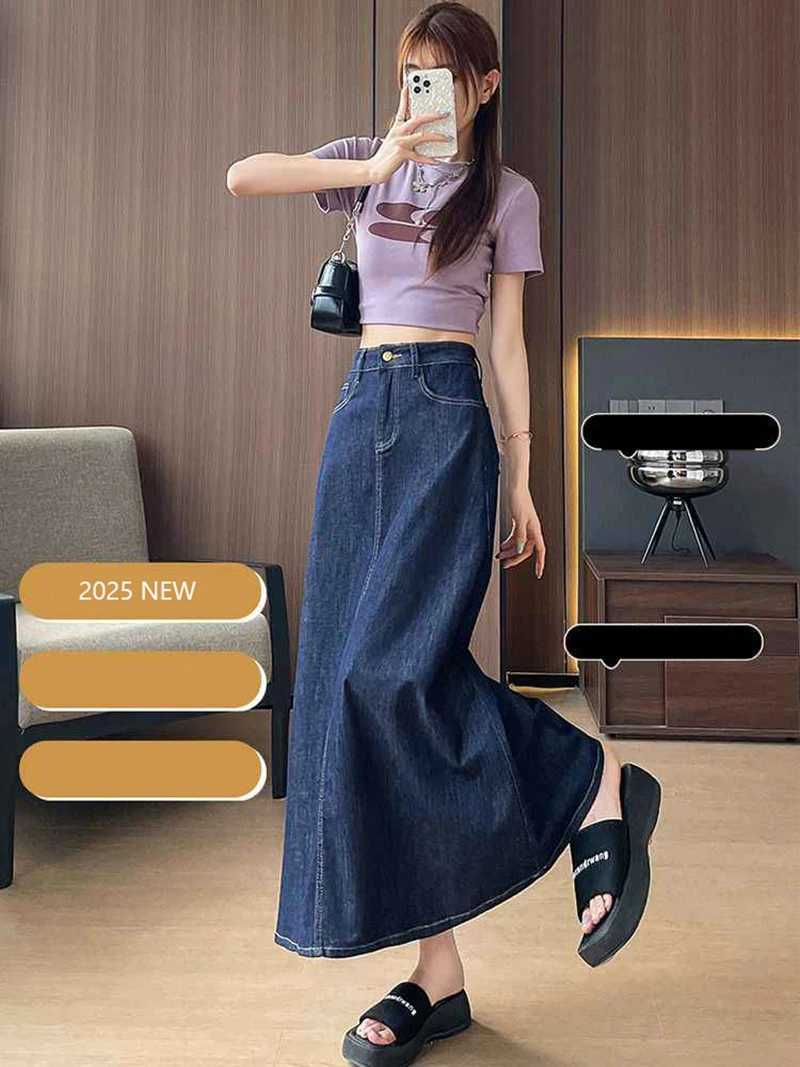 Deep Blue Denim Half Skirt Summer Womens High Waist A-line Midskirts Korean Versatile Slim Fit Skirts Oversized S-3XL M260314