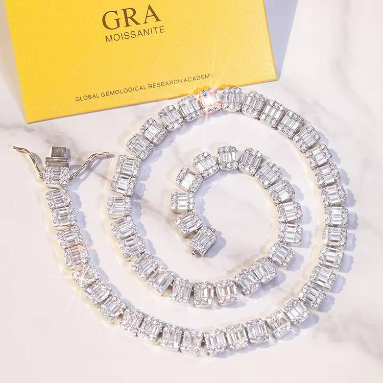 Fashion Design 925 Silver 8mm Wide GRA Baguettes Moissanite Diamond Iced Out Necklace Cuban Link Chain for Hiphop Rapper Life