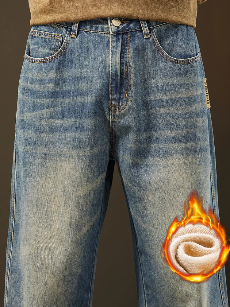 Winter Warm Fleece Jeans Mens Thickened Loose Wide-leg Denim Pants Vintage Wash Casual Straight Velvet Trousers Streetwear 260311