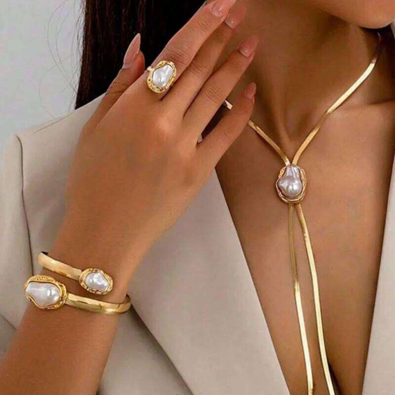 Exggerated Golden Baroque Imitation Pearl Jewelry Set for Women Vintage Snake Chain Necklace Open Cuff Bangle and Ring Jewellry Z260313