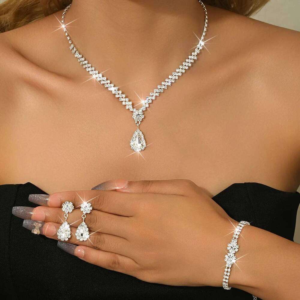 Women's Silver Crystal 4-Piece Jewelry Set - Bridal Necklace Earrings Ring Bracelet for Wedding Prom Evening Party Formal Dress Z260313