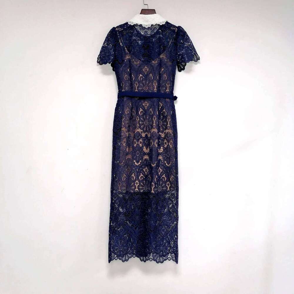 Water Soluble Lace Navy Blue Peter Pan Collar Pocket Buttons Decoration Women Dress High Waist Slim Temperament Pencil Dress Mdng260314 - view 3