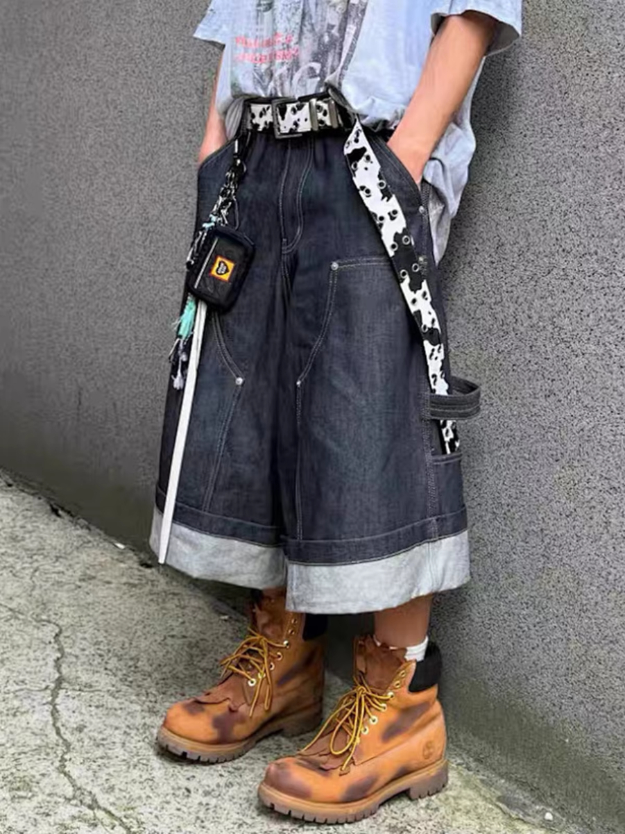 MIJKO Men's and Women's New Original Cattle Logging Seven-Part Over-the-Knee Shorts Unisex Color-Block Folded