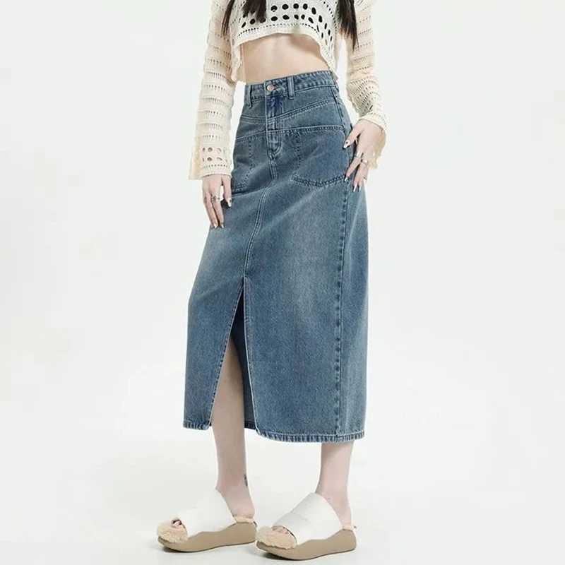 Summer Female Chic Blue High Waist Skirt Hot Sale Lady Ins Fashion A-line Slit Jeans Skirts s Korean Casual Denim Dress M260314