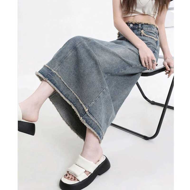 Summer Female Chic Raw Edge Thin Jeans Skirt Lady Retro Blue Mid-Long Dress Women Trendy Solid High Waist Denim Skirt M260314