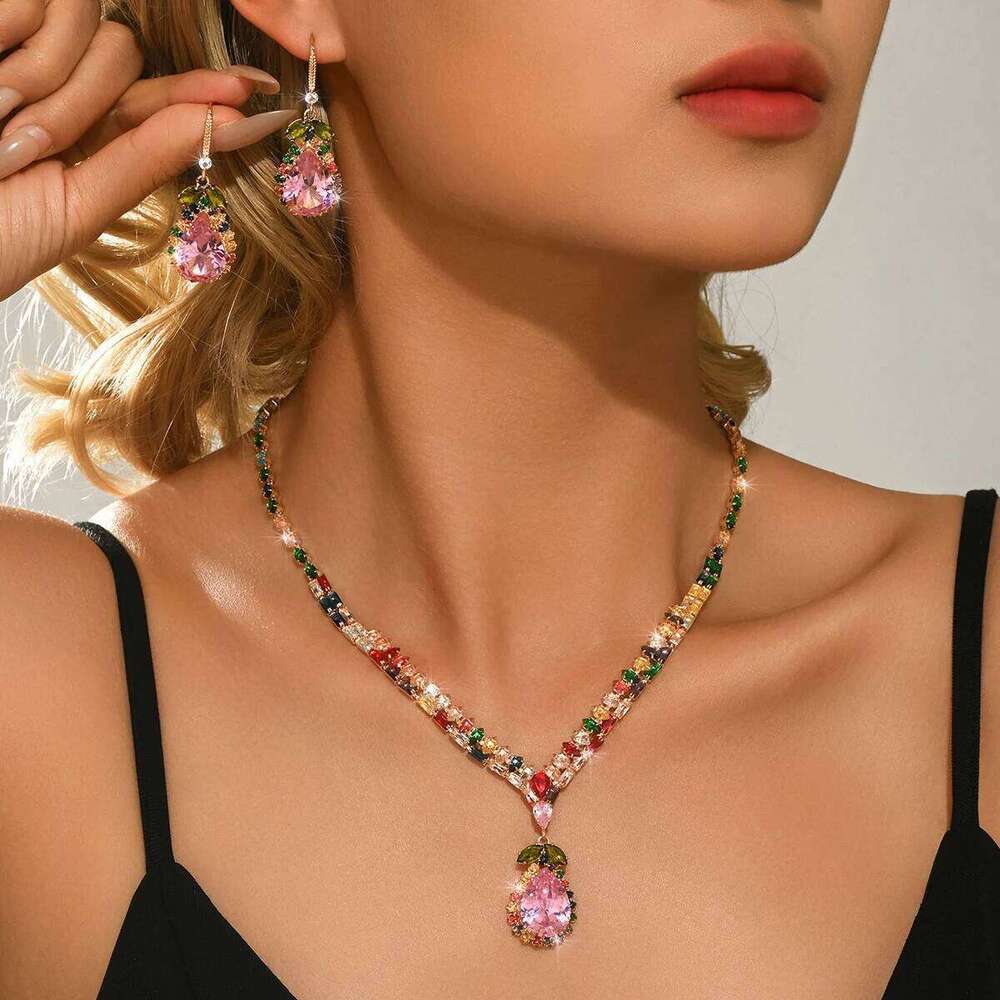 Colorful zircon pendant earrings Korean high-end, sweet and unique necklace fashionable princess jewelry set Z260313