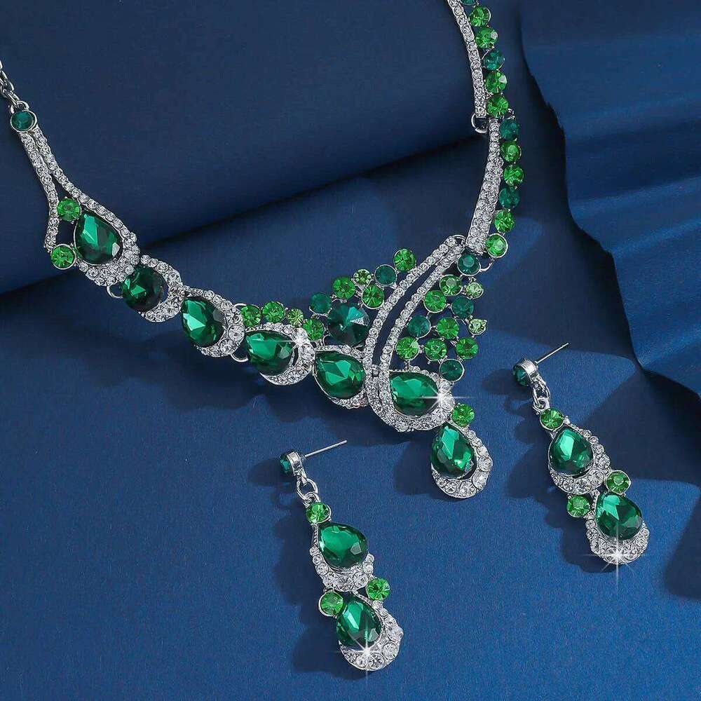 Regal Emerald Green Crystal Curve Necklace Earrings Set - Women's Luxury Pageant Prom Evening Wedding Guest Statement Jewelry Z260313