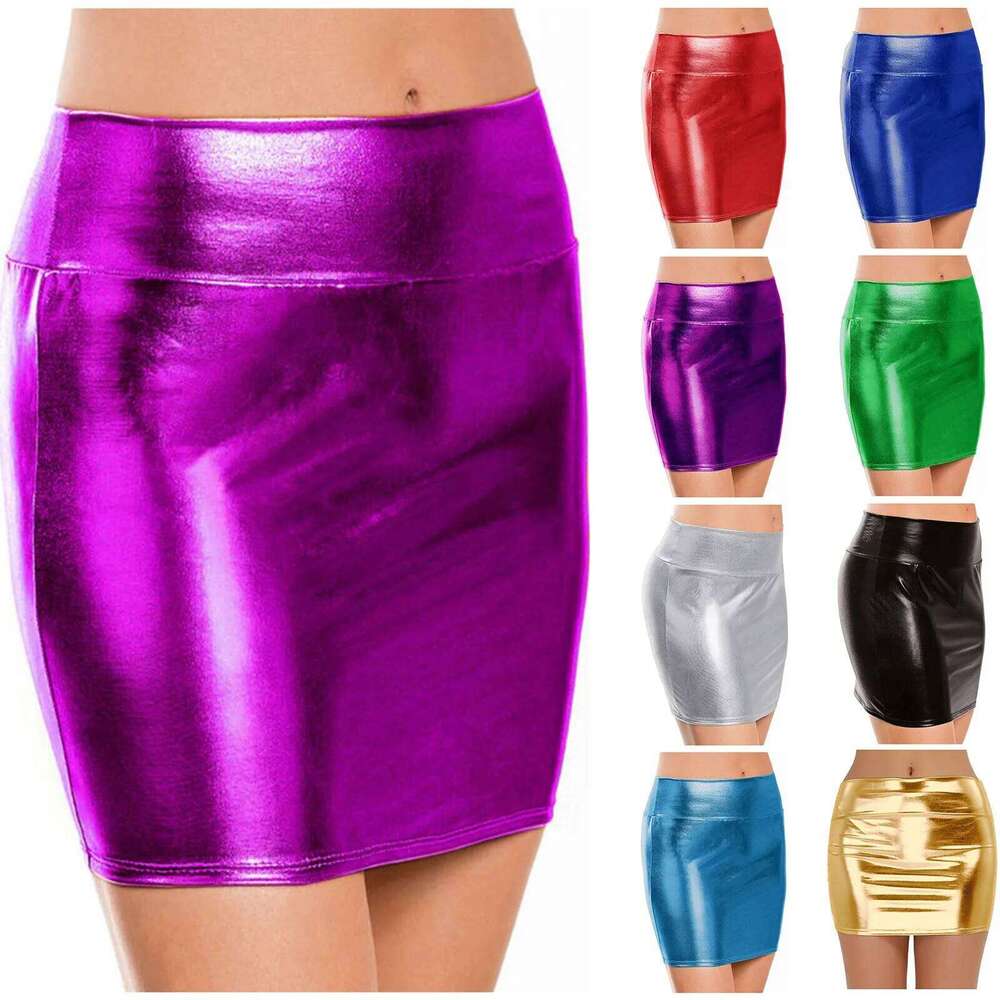 Women Wetlook Sexy Shiny leather skirts Fashion high waist hip lifting club Party short Performance Mini skirt gold red Z260314