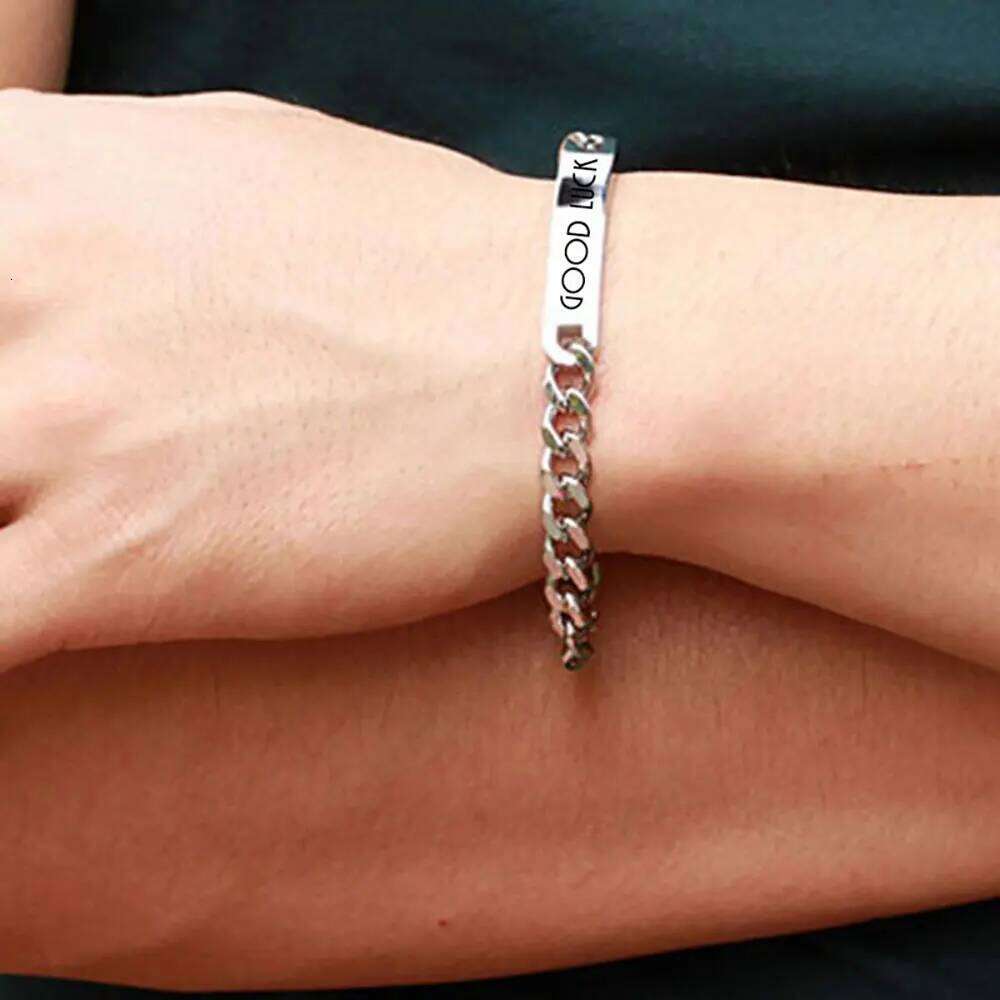 7MM stainless smooth titanium steel couple bracelet engraved with "GOOD LUCK" lucky slogan Z260313