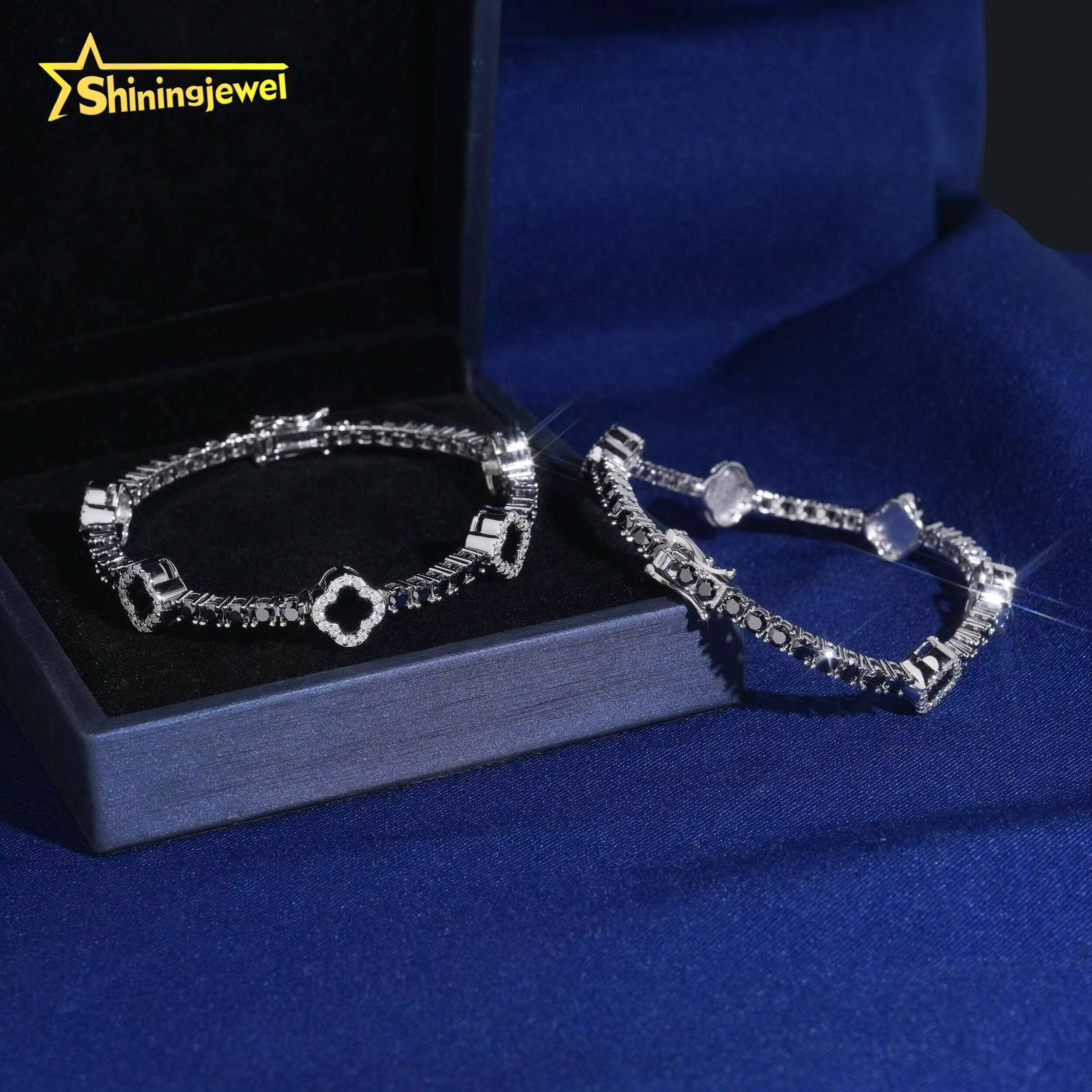 USA Warehouse Fast Delivery Clover Agate Black Moissanite Tennis Bracelet No Import Fee 3mm 925 Tennis Chain Moissanite