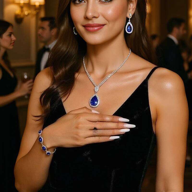 4pcs Elegant Vintage Jewelry Set for Women Blue Water Drop Necklace Shiny Crystal Choker Bridal Wedding Earrings Party Z260313