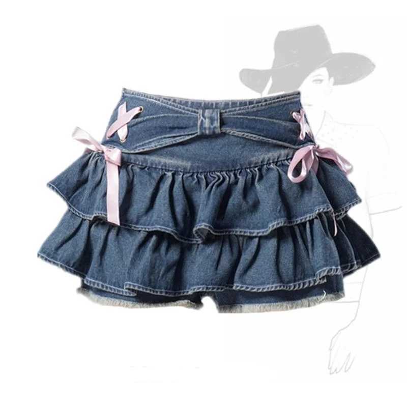 Blue Denim Pleated Skirt Bow Fold Design Womens A-line Short Skirt Built in Shorts American Spicy Korean Fashion Hotsweet M260314