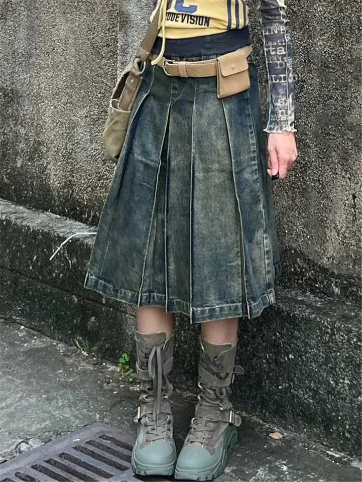 American Style Gothic Denim Skirts Women Streetwear Y2k High Waisted Vintage A- Line Middle Long Dress Trendy Fashionable Skirts M260314