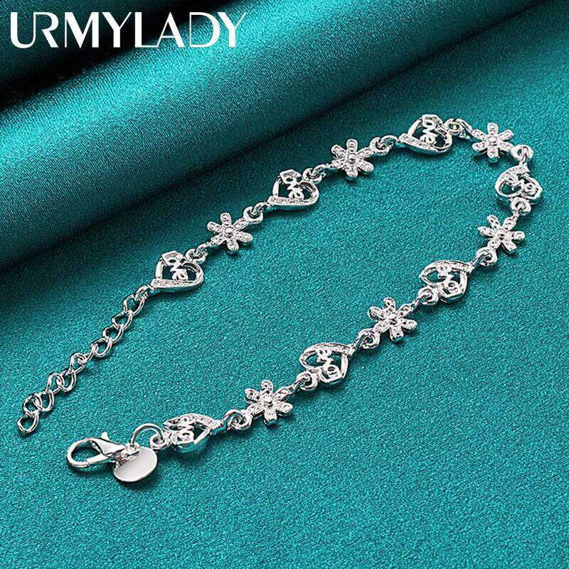 URMYLADY 925 Sterling Silver Flower Love Heart Bracelet For Women Wedding Fashion Gift Jewelry Z260313