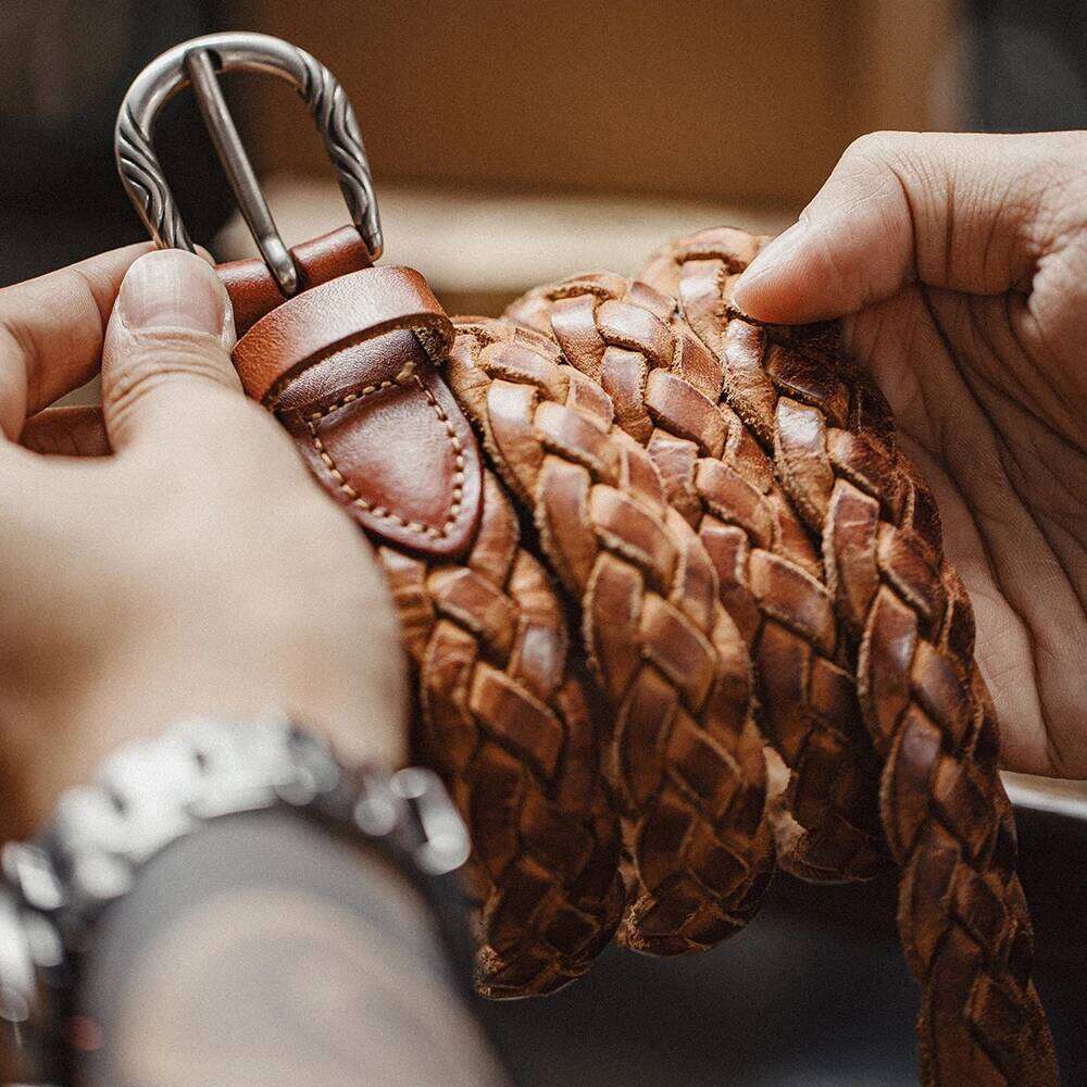 Maden Vintage Woven Two-Layer Vegetable Tanned Cowhide Belt for Men's Versatile Brown Accessory Z260226