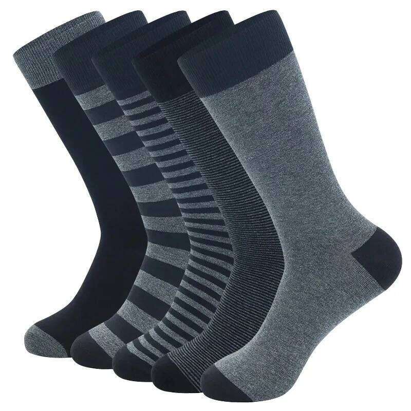 5 Pairs Large Fashion Business High Quality Stripe Black Gray Pure Men Cotton Sports Socks Size EU41-48 Z260314