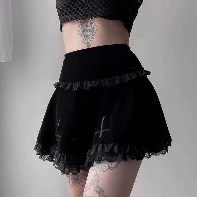 Goth Dark Mall Gothic Aesthetic Velvet Pleated Mini Skirts Women Vintage Harajuku Emo Alt Clothes High Waist Lace Ruffles Skirt Z260314