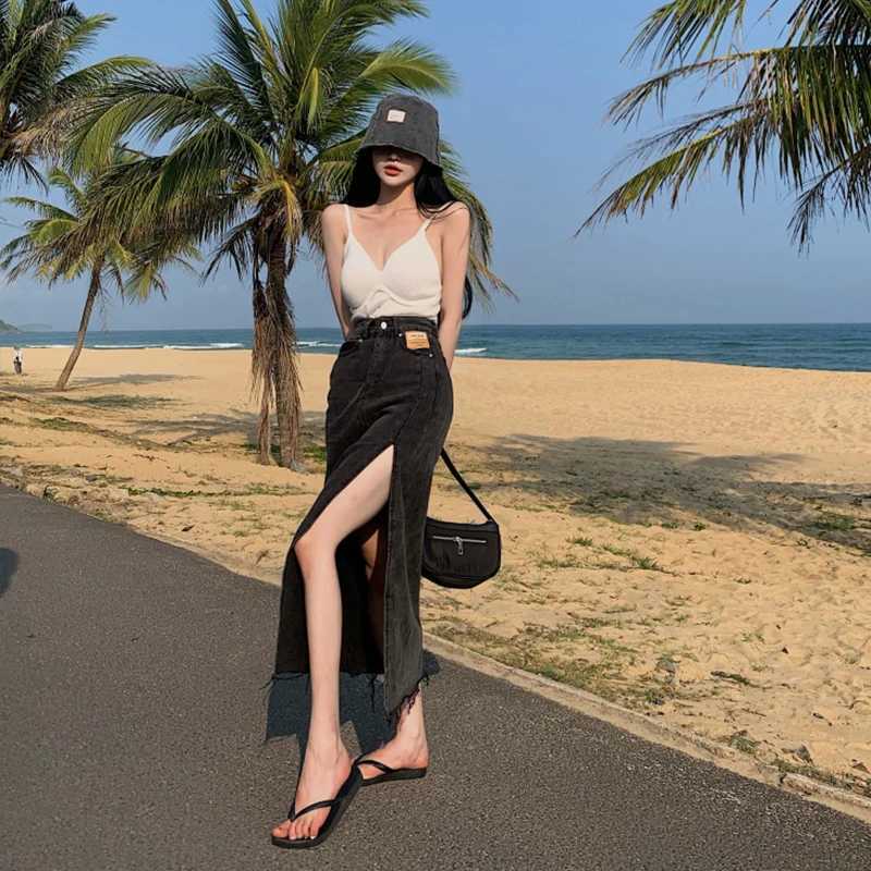 Sexy A-Line Denim Skirt Womens Spring Autumn High Waist Side Split Long Slimming Bodycon Skirt Korean Sle Commute M260314