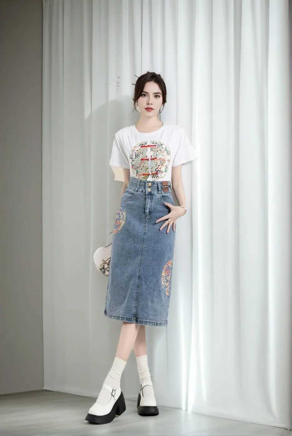 New 2024 Spring Summer Denim Skirt For Women High Waist Embroidery Back Slit Blue Jean Skirts Chinese Style A Line Skirt Women M260314