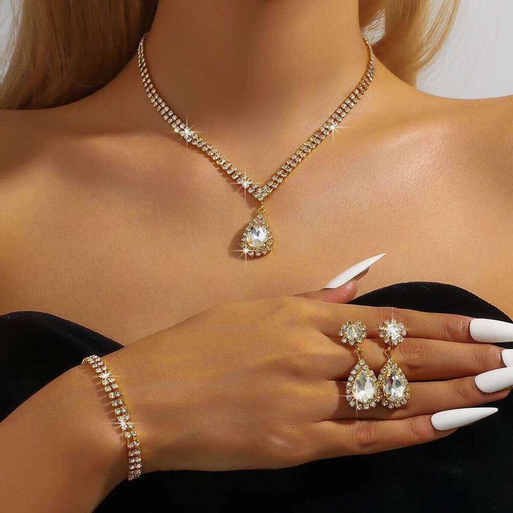 4PC Women's Fashion Water Drop Necklace, Earrings, Bracelets, Jewelry Set, Suitable for Wedding, Party, Festival Gifts Z260313