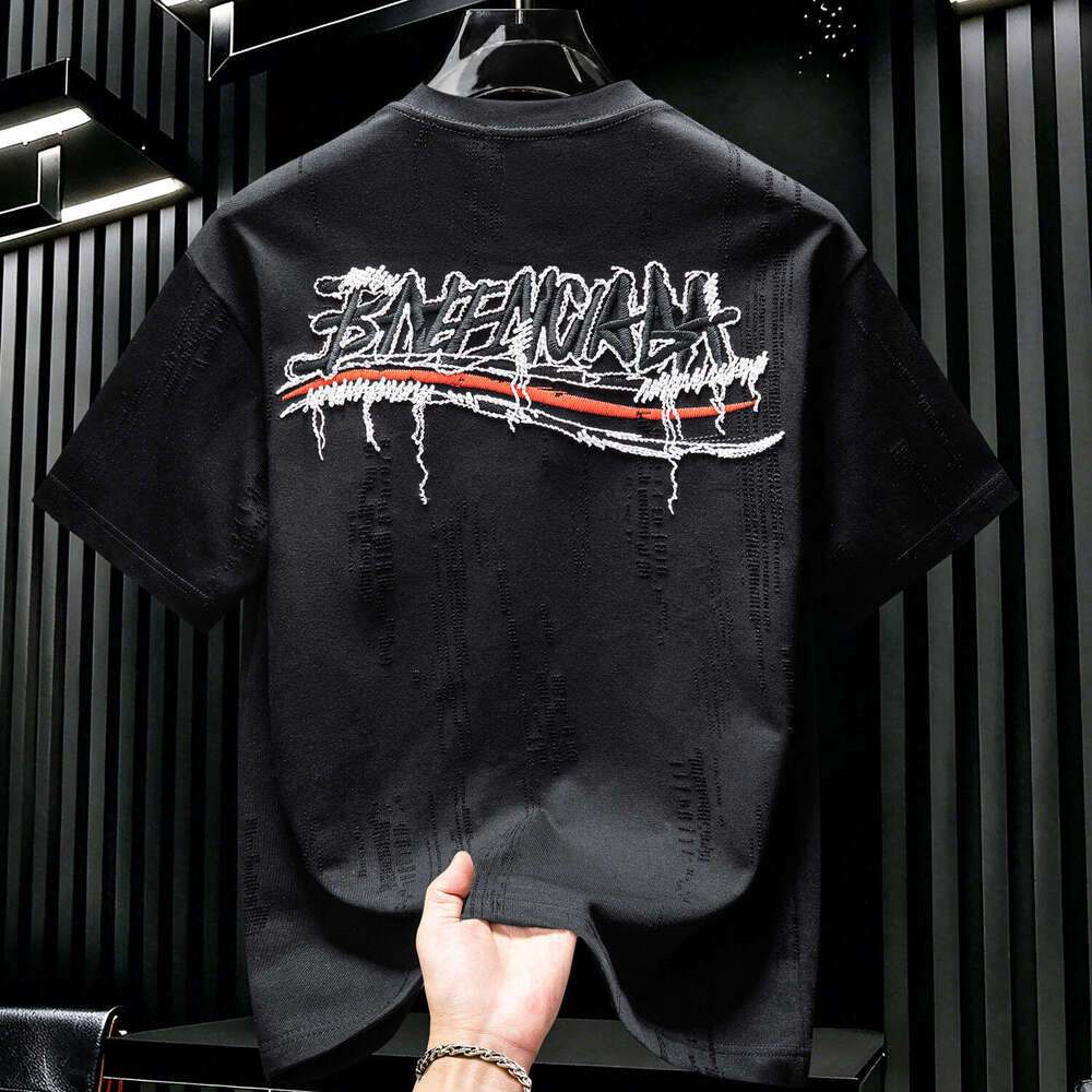 American-Style Men's Embroidered Ripped Short-Sleeve T-Shirt Summer New Trendy Brand Round-Neck Loose-Fit Half-Sleeve Shirt Luanyun