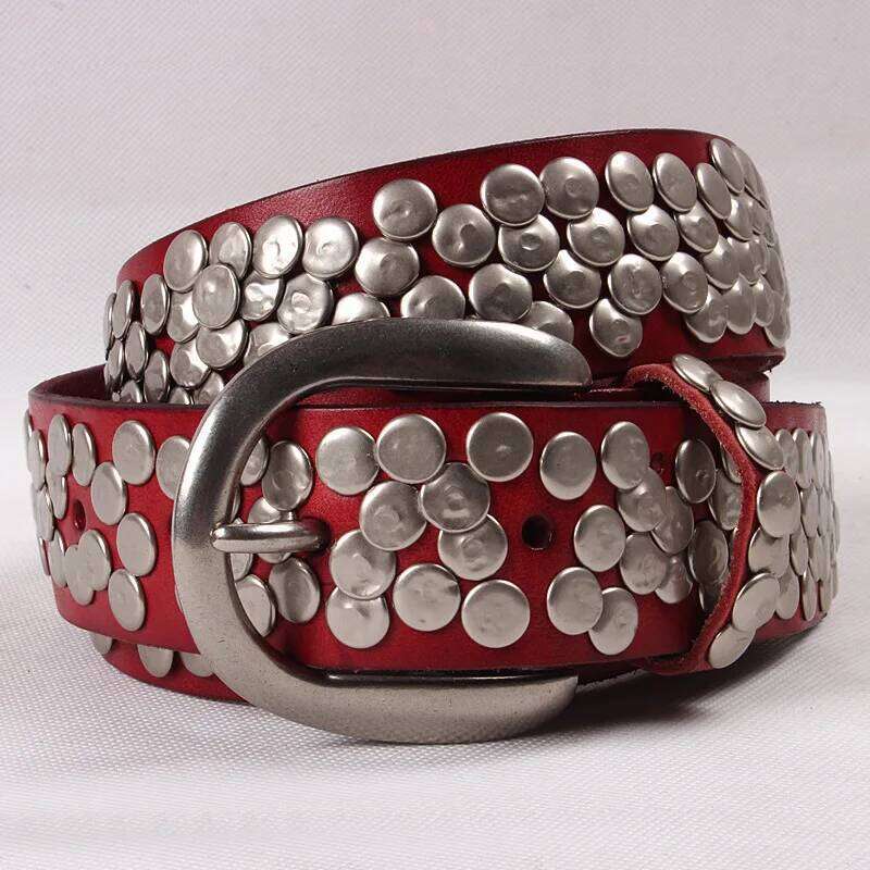 mens fashion punk gothic round rivets belts genuine leather studded belt black brown waistband women pin buckle strapon Z260226