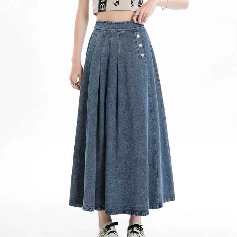 Retro Light Blue Pleated Denim Skirt for Womens 2026 New Design Sense Button Elastic High Waist A-line Mid-length Half Skirts M260314