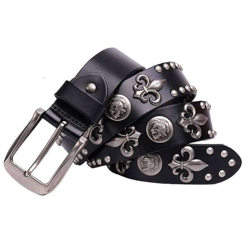 NEW Genuine Leather Heavy Metal Rivet Punk Belts For Rock Stud Cowboy Men Ceinture Homme Waist Belt Cinturon Mujer Z260226