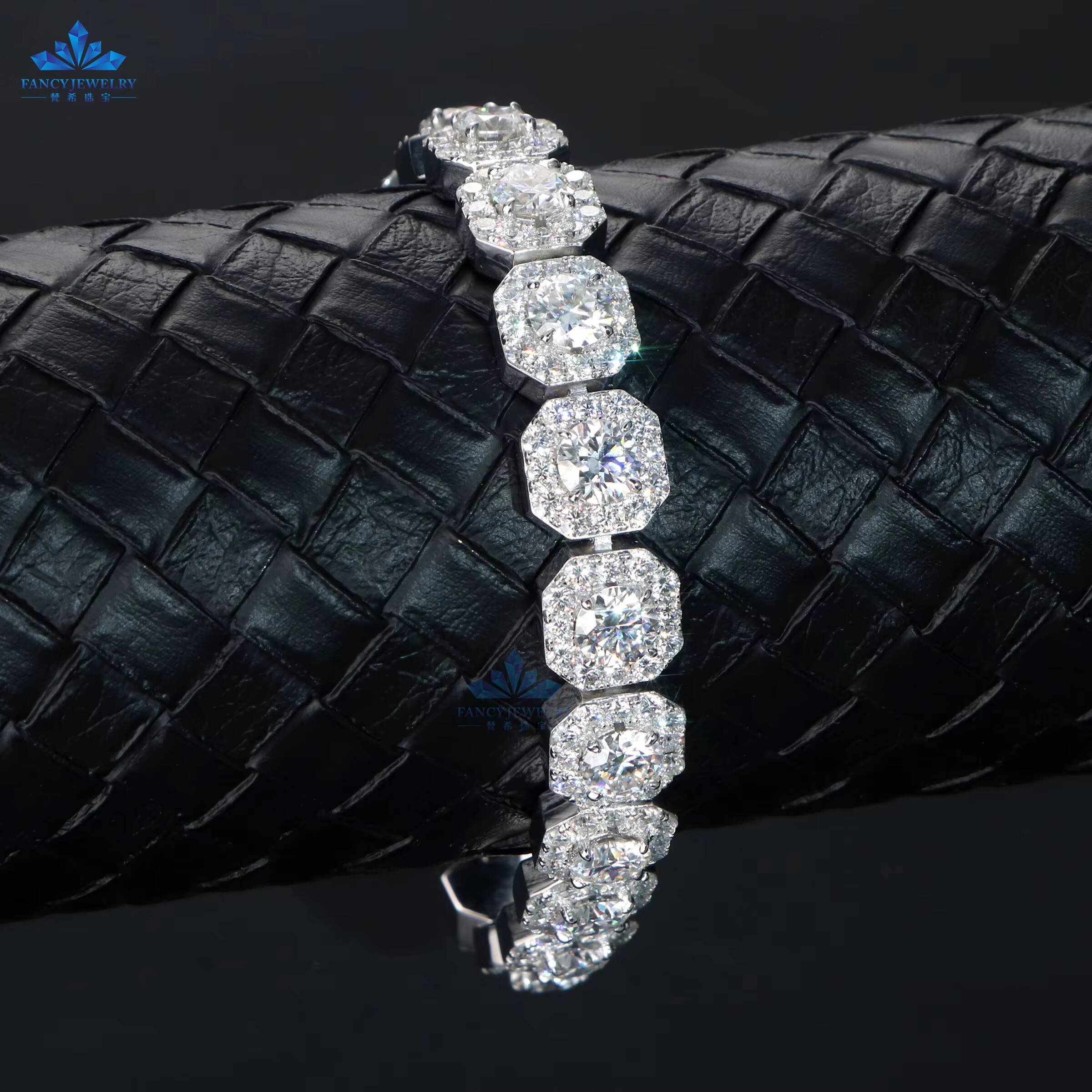 Fashion Jewelry 11mm Width 925silver Hiphop Rock-Candy Tennis Moissanite Bracelet Square Tennis Moissanite Chain
