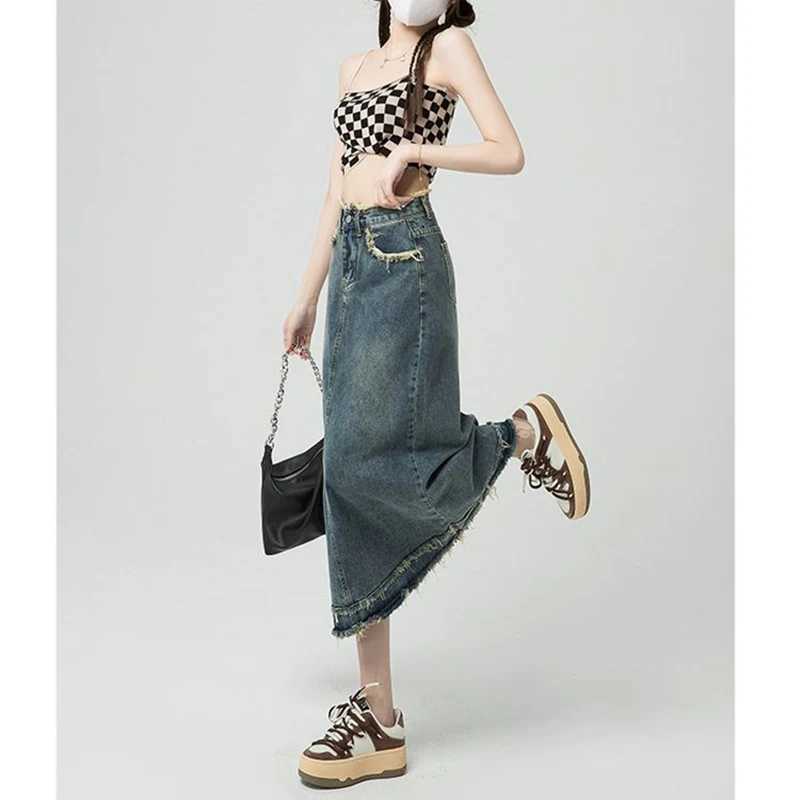 Lady Classic Designer High Waist Jeans Skirts s Korean Slim Fit Mid-Long Dress Women Chic Ripped Thin Denim Skirts M260314