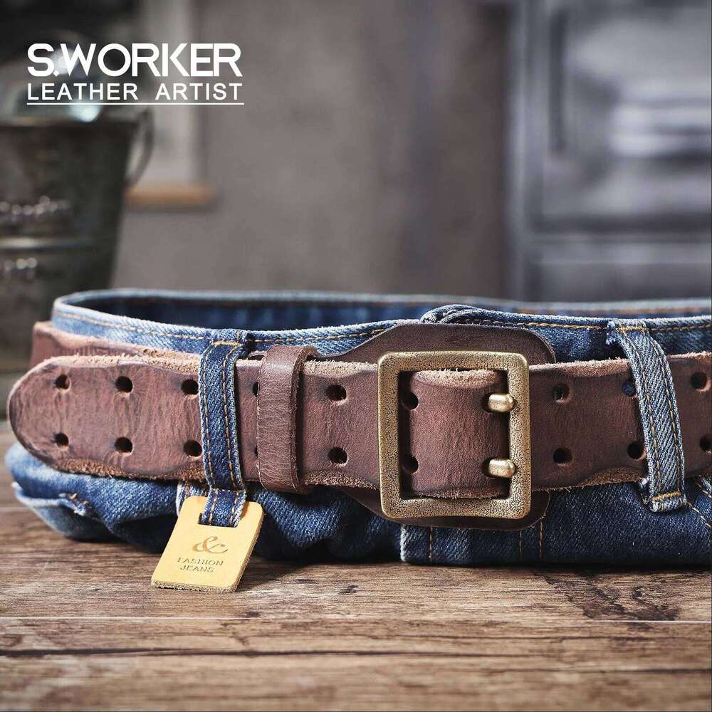 Vintage Genuine Leather Men's Copper Buckle, Handmade Casual Double Pin Buckle Belt With Gift Box, Thickened Top-layer Z260226