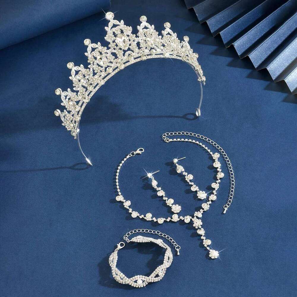 Ladies' Fashion Waterdrop Geometric Simplicity Gorgeous Elegance Crown Necklace Earrings Bracelet Jewelry Set Z260313